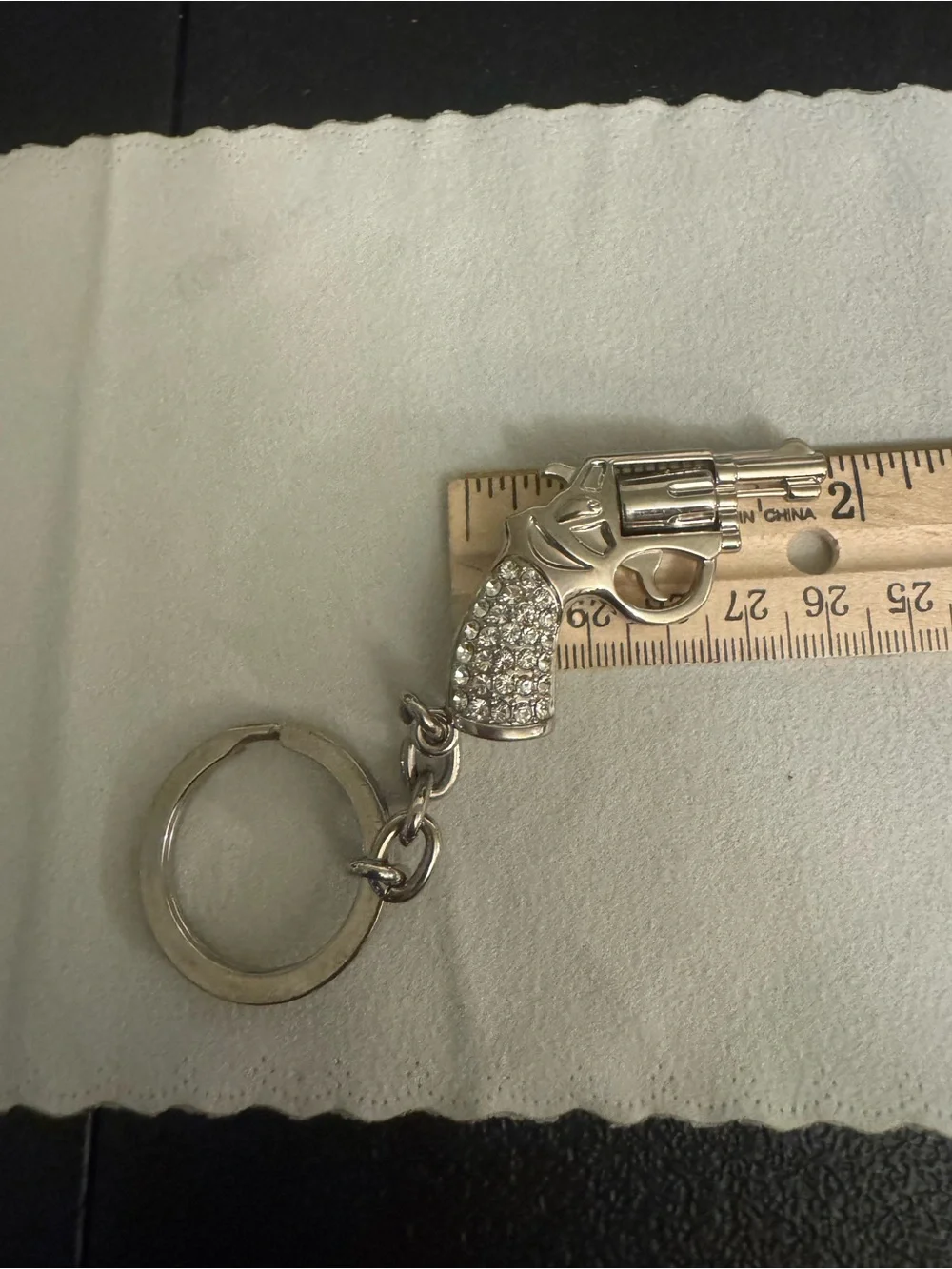 Silver 3D Rhinestone Revolver Keyring Bag Charm